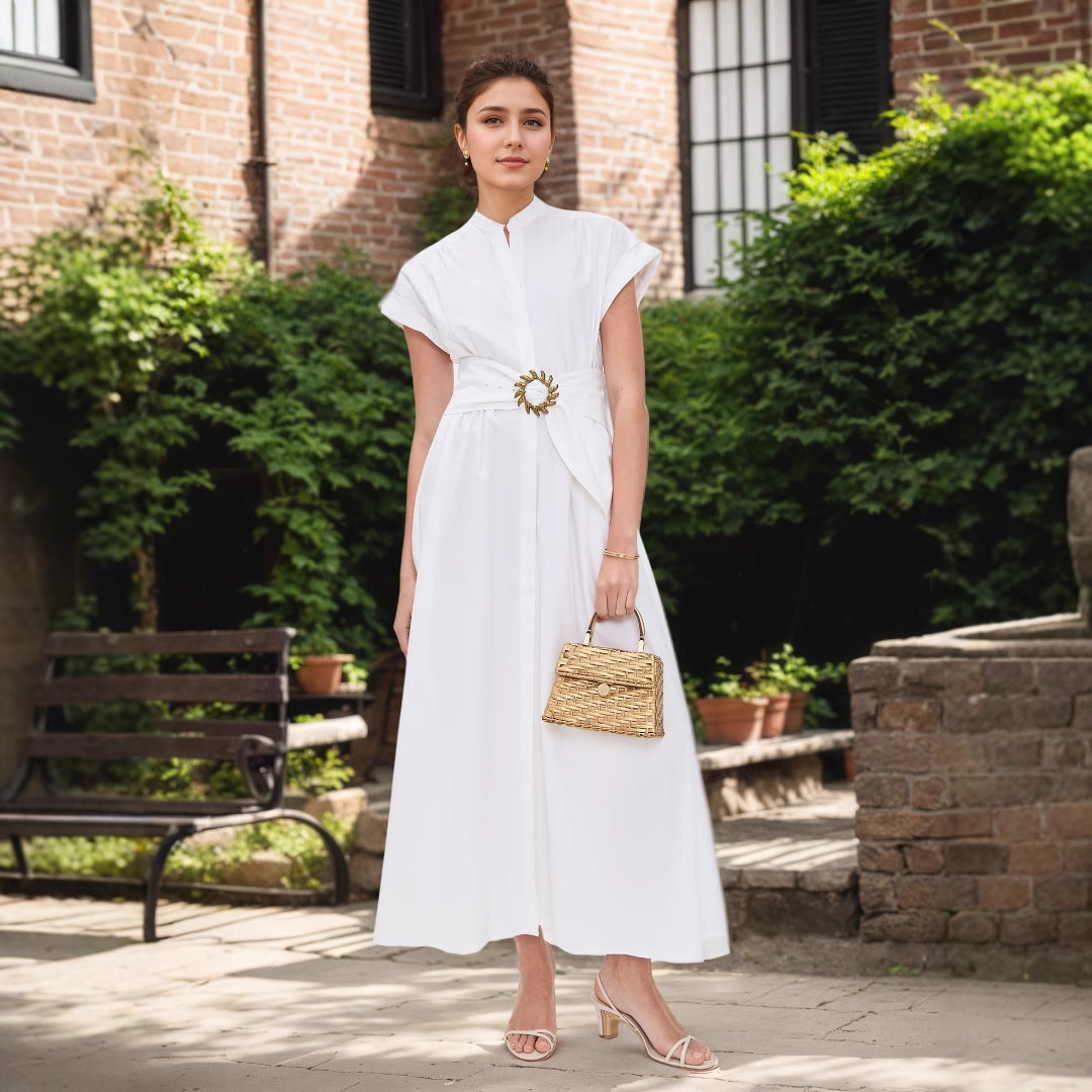 White Stand Collar Sun Metal Decoration Belt Waist Design Short Sleeve Long Pattern Dress