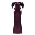 Coffee Color Colorful Sequin Long Evening Dress off Shoulder Black Bow Cocktail Fishtail Dress