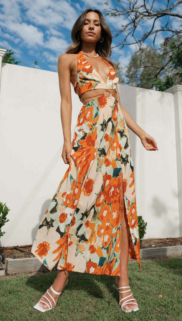 Women V neck Halter Backless High Split Hemline at Hem Maxi Dress