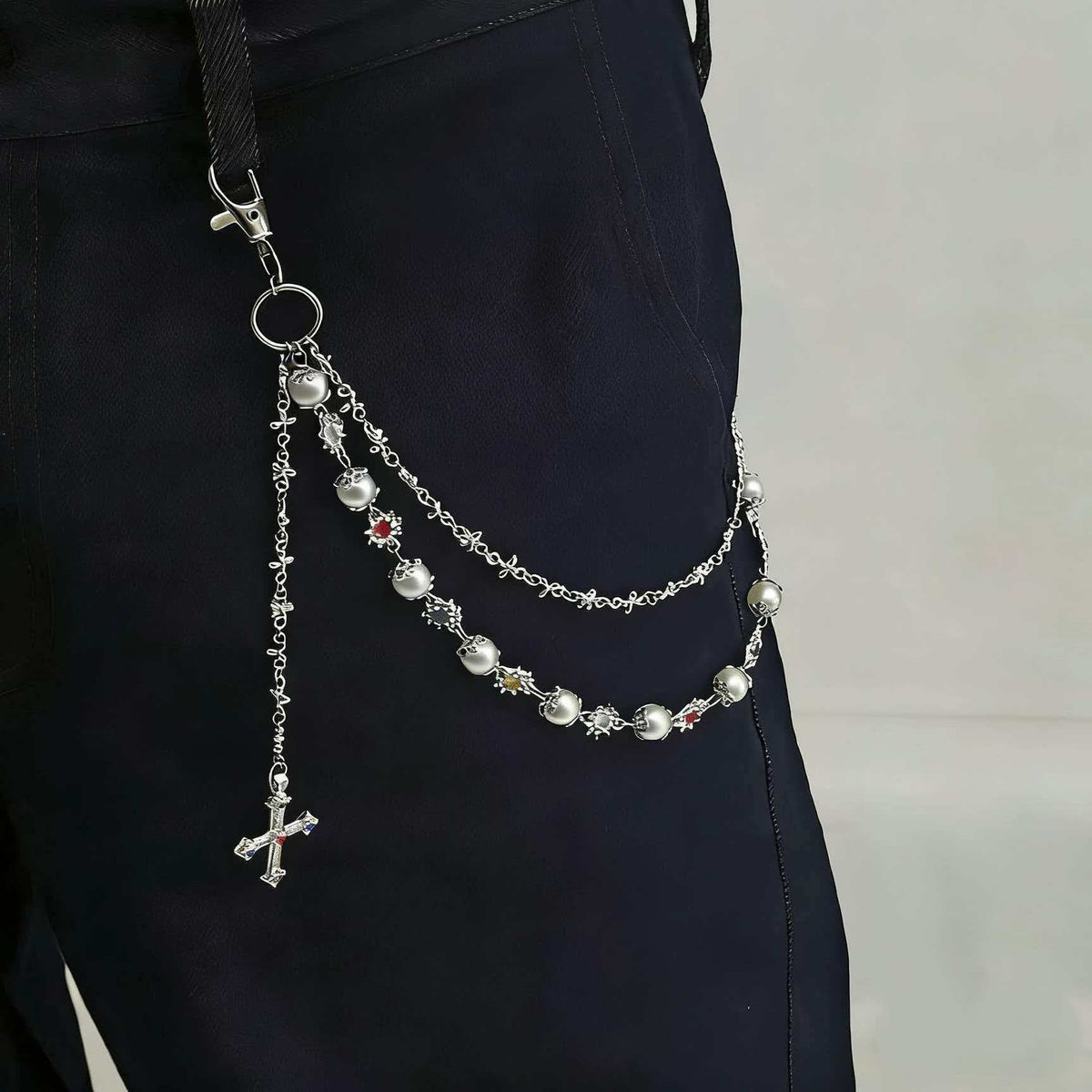 Vintage Multi-Layer Cross Pendant Pearl Flower Color Waist Chain Fashion Pants Chain
