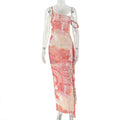 Women Clothing Printed Waist Controlled Slimming Hip Color Matching Diagonal Collar Sleeveless Tube Top Maxi Dress