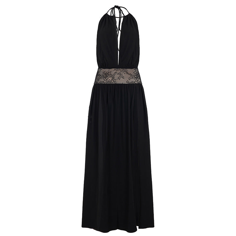 Elegant Graceful Women Halter Dress Backless Lace Hollow Out Cutout Split Lace up Maxi Dress