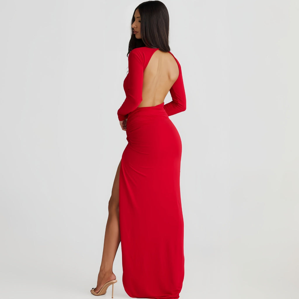 Autumn Women High Collar Backless Long Sleeves Jumpsuit Sexy Slit Dress