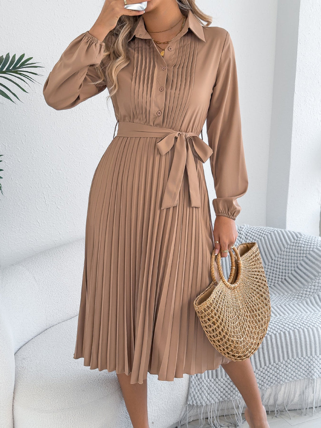 Spring Summer Elegant Solid Color Collared Long Sleeve Cinched Pleated Dress Women Clothing