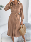 Spring Summer Elegant Solid Color Collared Long Sleeve Cinched Pleated Dress Women Clothing