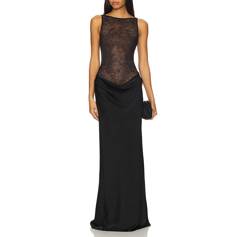 Sexy Dinner Dress Sleeveless High Waist Slim Slimming Lace Maxi Dress