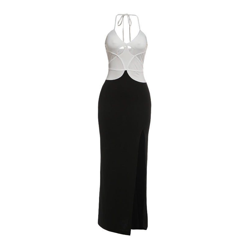 Spring Women Clothing Sexy Contrast Color Slim Fit V neck Halter Tight Waist Sheath Dress
