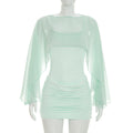 Women Clothing Summer Solid Color Casual Long Sleeves Shawl Straps Tulle Mini Short Dress