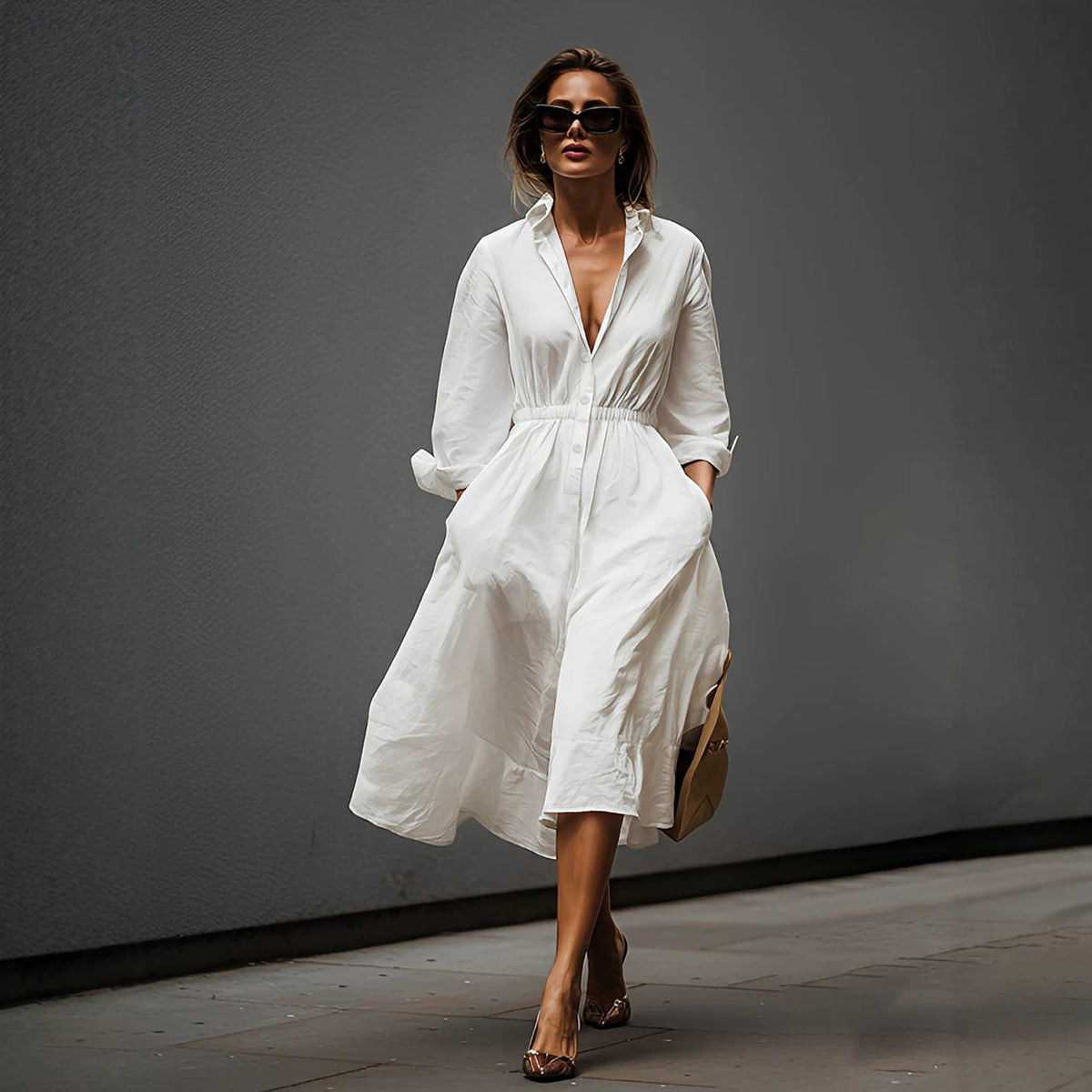 French Casual Elegant Shirtdress Summer Lapels Fitted Waist Pleated Pocket Design Commuting Elegant Dress