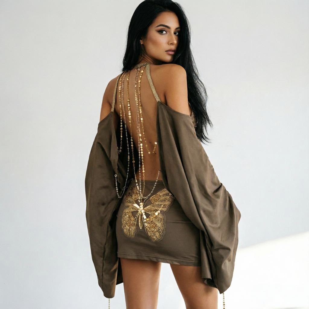 Sexy off Shoulder Backless Irregular Asymmetric Design Short Loose Batwing Sleeve Dress for Women