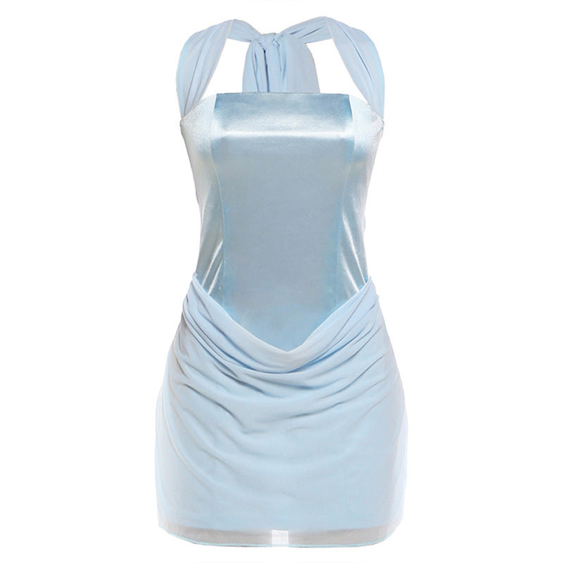 Summer Women Clothing French Sexy Halter Lace up Solid Color Low Neck Slim Waist Hip Dress for Women