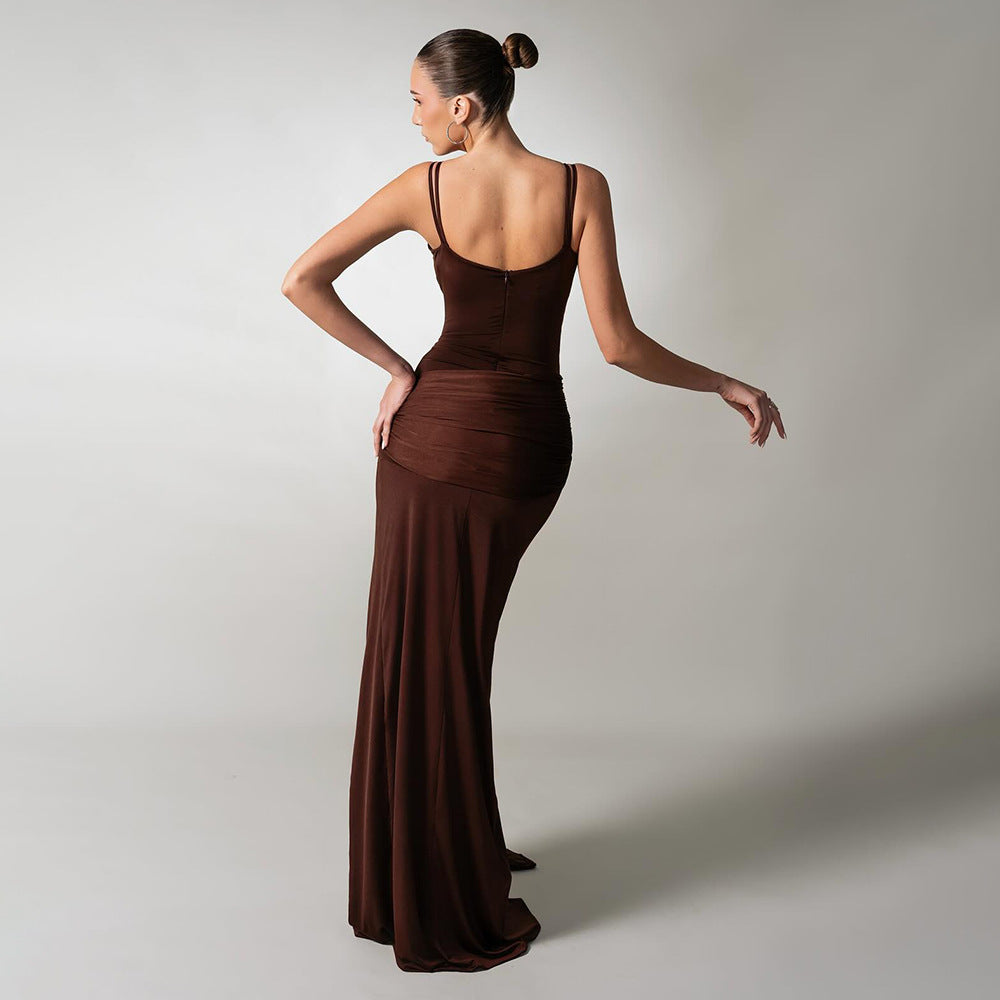 Dress Sexy Slim Fit Maxi Dress Backless Brown Pleating Ribbon Dress