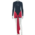 Women Wear Color Matching Black Red Hip Dress round Neck Long Sleeve Hollow Out Cutout Pleated Dress