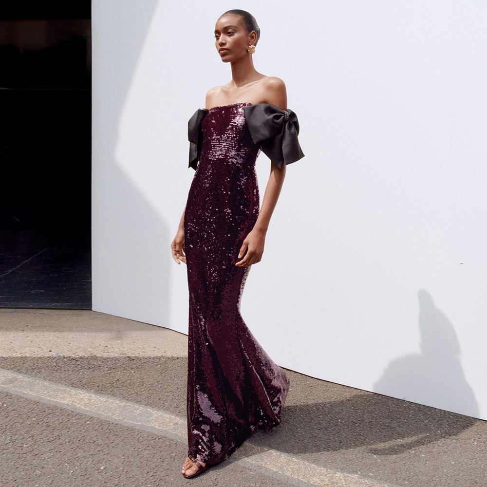 Coffee Color Colorful Sequin Long Evening Dress off Shoulder Black Bow Cocktail Fishtail Dress