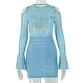 Women Clothing Home Micro Transparent Skinny One Shoulder Hollow Out Cutout round Neck Flared Long Sleeve Short Dress