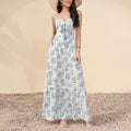 Four Sided Stretch Strap Dress Sexy Printed Wooden Ear Decoration Waist Slimming Maxi Dress