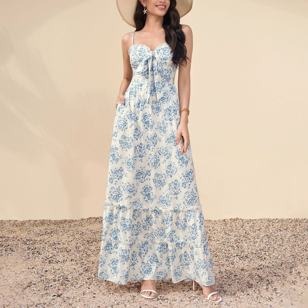 Four Sided Stretch Strap Dress Sexy Printed Wooden Ear Decoration Waist Slimming Maxi Dress