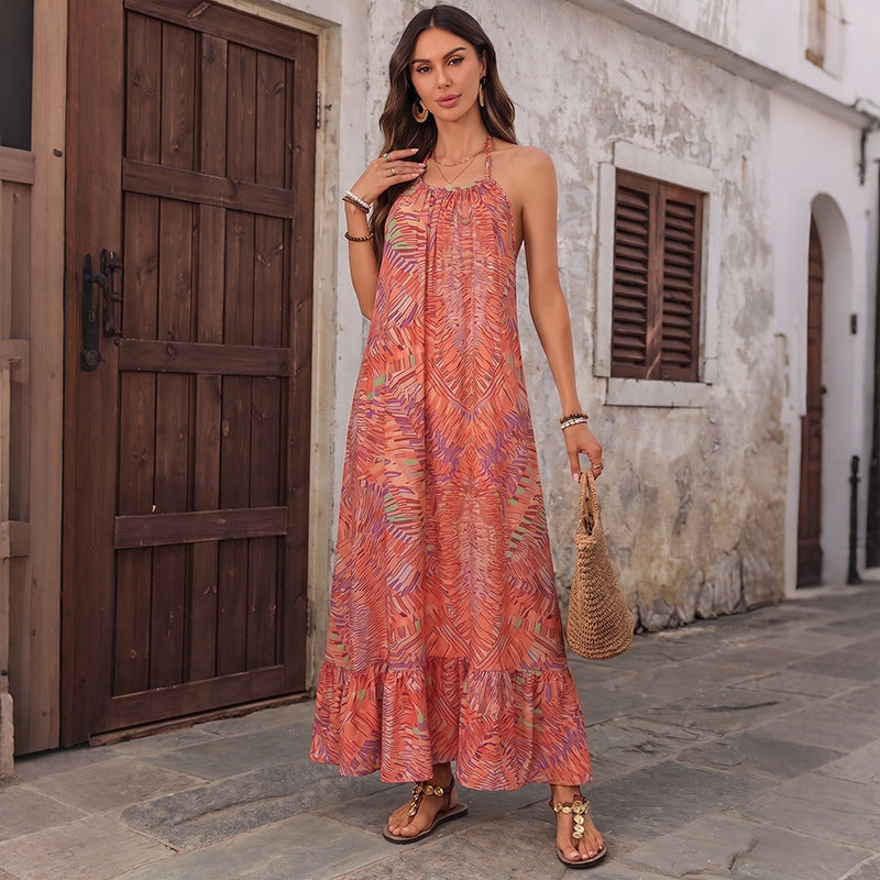 Ethnic Vacation Printed Halter Backless Loose Dress