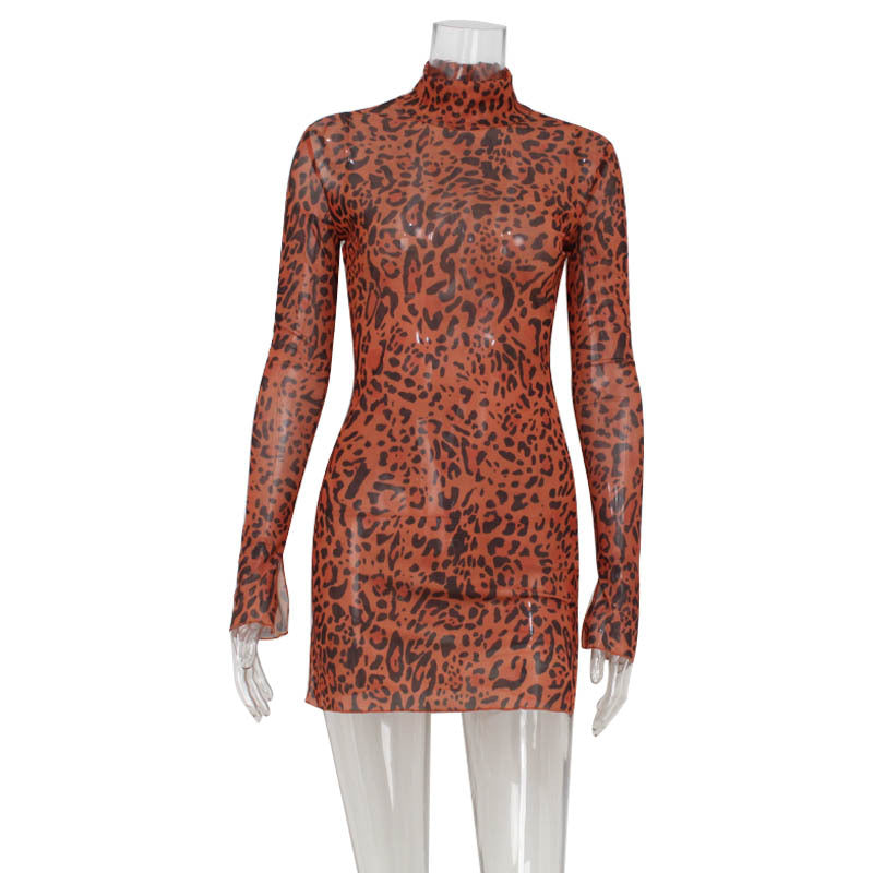 Sexy Women Clothing Turtleneck Long Sleeve Slim Fit Sexy Mesh Leopard Print Sexy Hip Dress Women