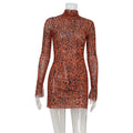 Sexy Women Clothing Turtleneck Long Sleeve Slim Fit Sexy Mesh Leopard Print Sexy Hip Dress Women