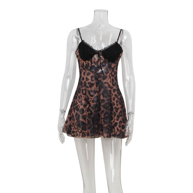 Best Seller in Sexy Leopard Print Strappy Low Cut Lace Stitching High Waist A line Slim Fit Sexy Dress Women