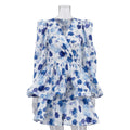 Elegant Women Clothing V neck Puff Sleeve A line Dress Autumn Printed High Waist Bubble Dress