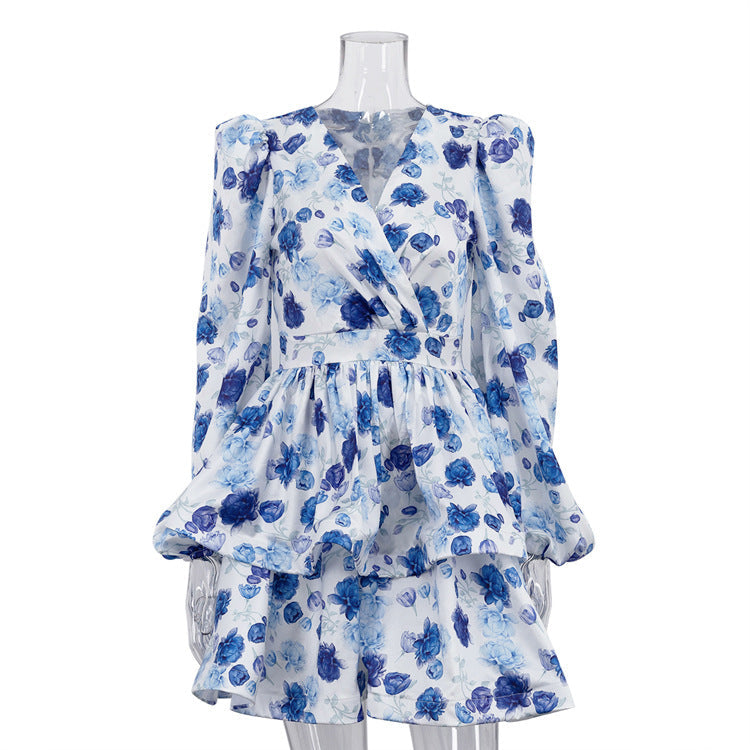 Elegant Women Clothing V neck Puff Sleeve A line Dress Autumn Printed High Waist Bubble Dress