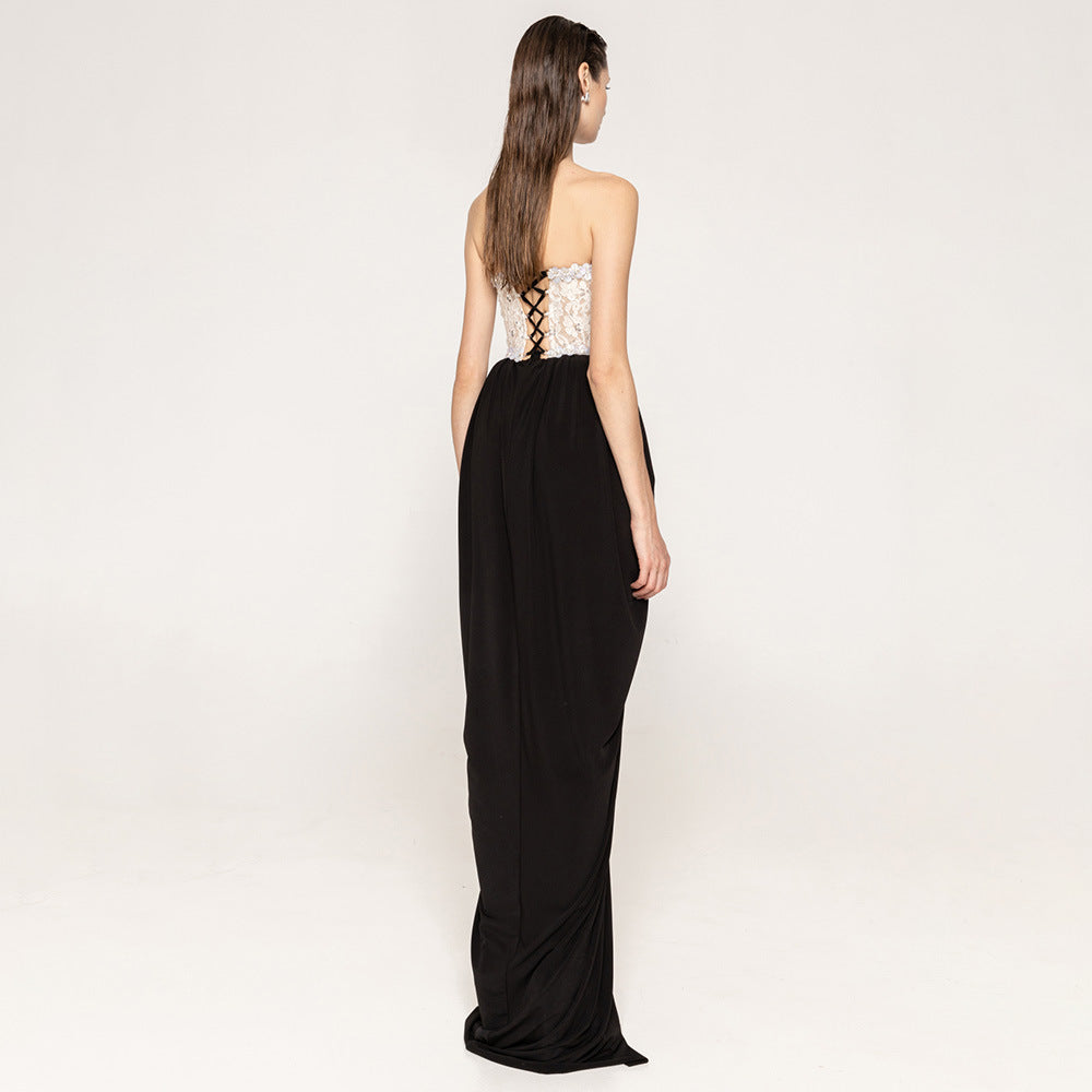 Sexy Women Lace Bead Strapless Dress High Elastic Split Long Dress