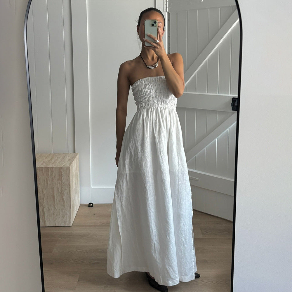 Purified Cotton Tube Top Dress Summer Vacation off the Shoulder Pleated High Waist Maxi Dress