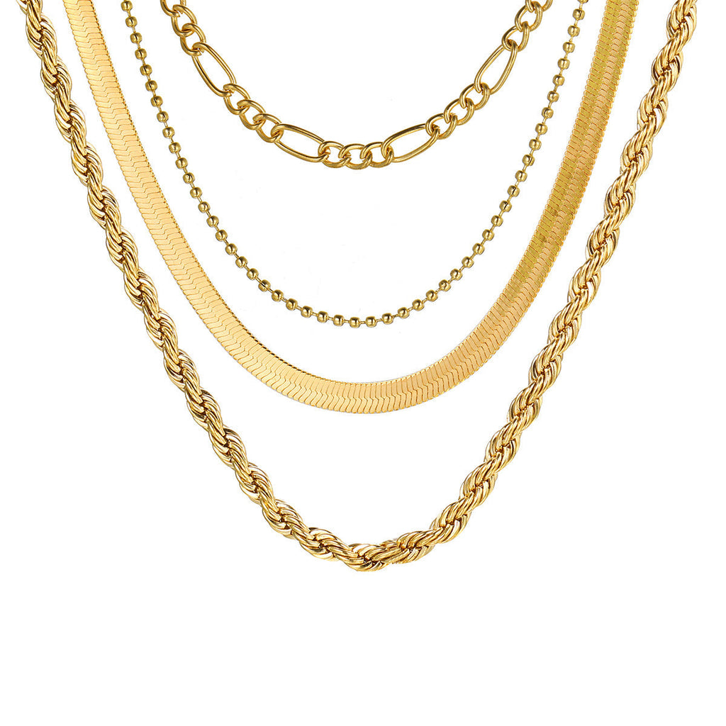 5-in-1 Layered Gold Necklace Set - Tarnish-Free 14k Gold Plated Chunky Chain Stack for Women