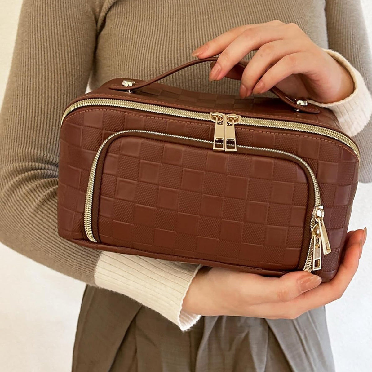 Chessboard double pillow cosmetic bag, multifunctional waterproof toilet bag, makeup bag with compartments,