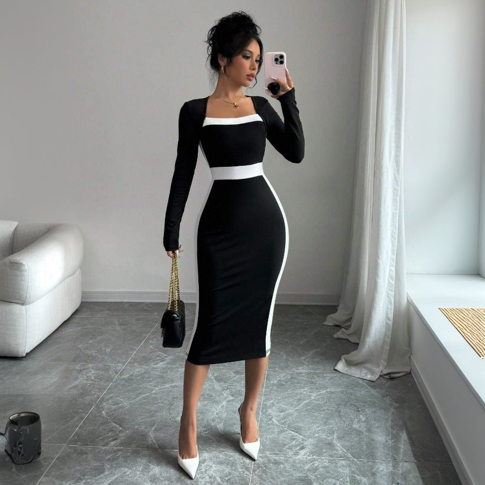 Women Clothing Stitching Contrast Color Midi Dress Sexy Sheath Long Sleeve Dress