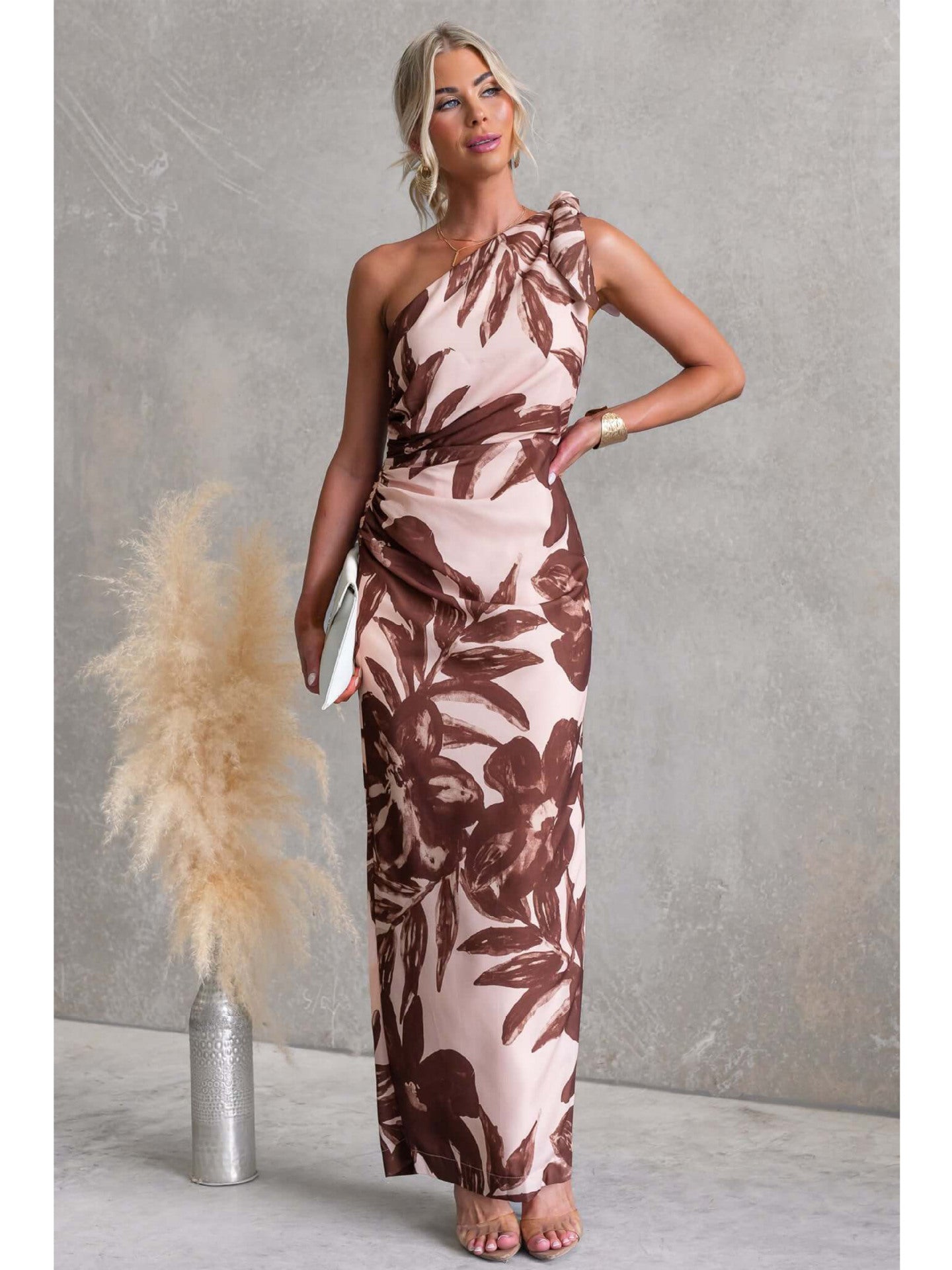 Spring Summer Digital Printing One Shoulder off Shoulder Cocktail Midi Dress