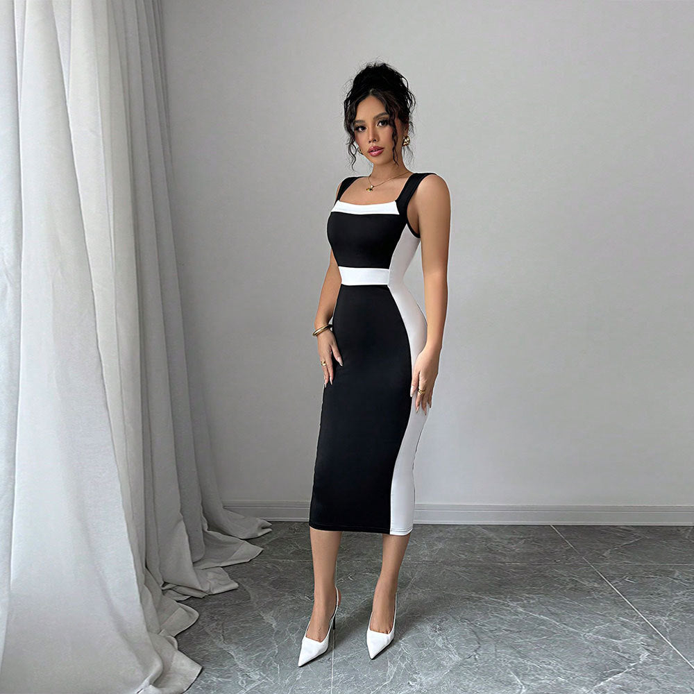 Summer Women Clothing Adult Lady Like Woman Intellectual Maxi Dress Square Neck Strap Contrasting Color Dress