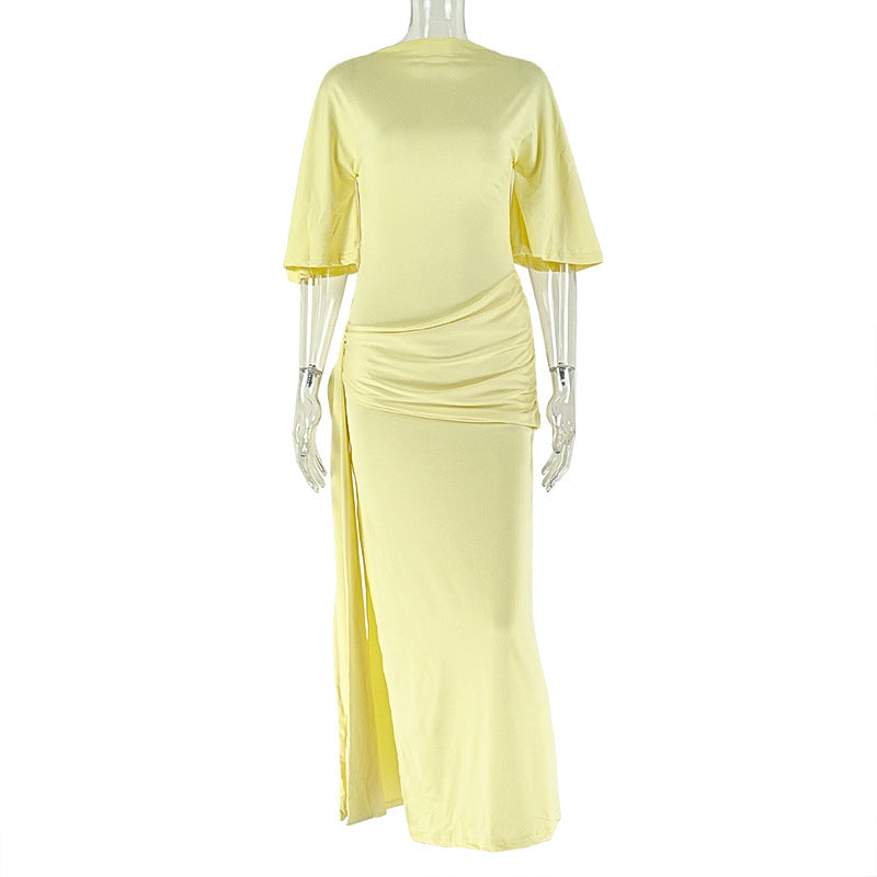 Women Clothing Backless Sexy Pleated Loose Hip Dress off Neck Lace up Split Maxi Dress
