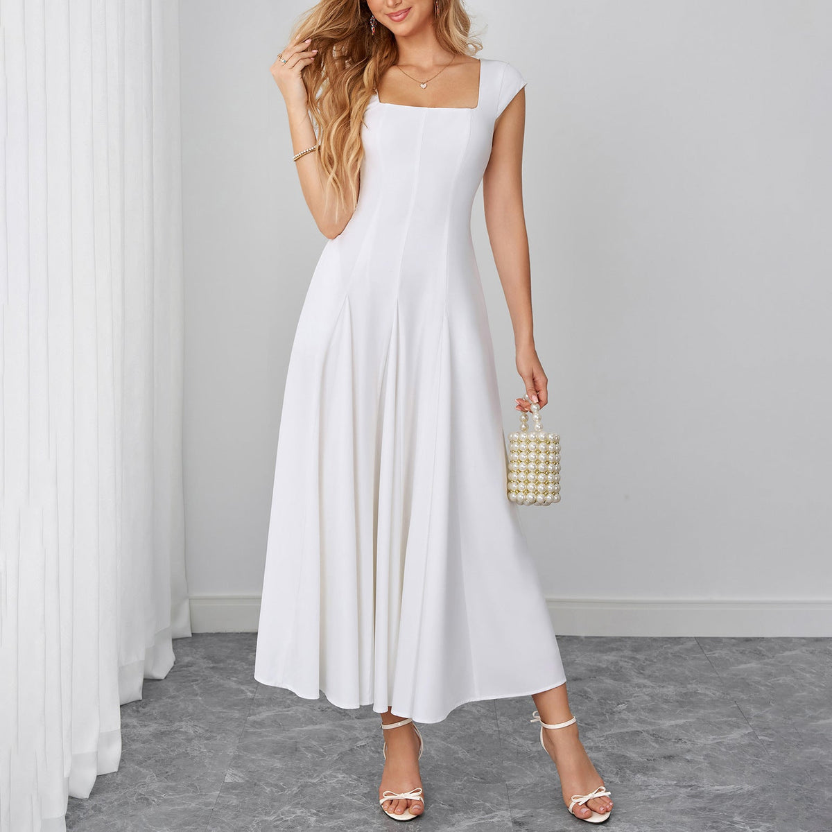 Elegant Stretch Strap Dress Sexy Backless Waist Trimming Lace up Long Dress