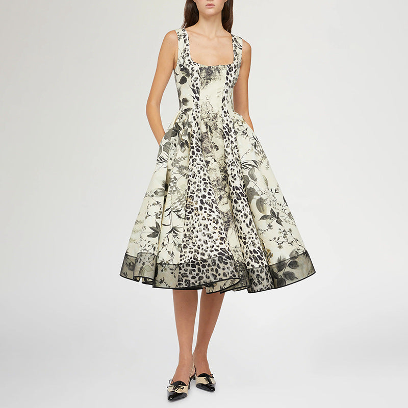 French Sexy Strap Dress Women Square Collar Sleeveless Ink Painting Printed Waist Controlled Slimming Midi Dress