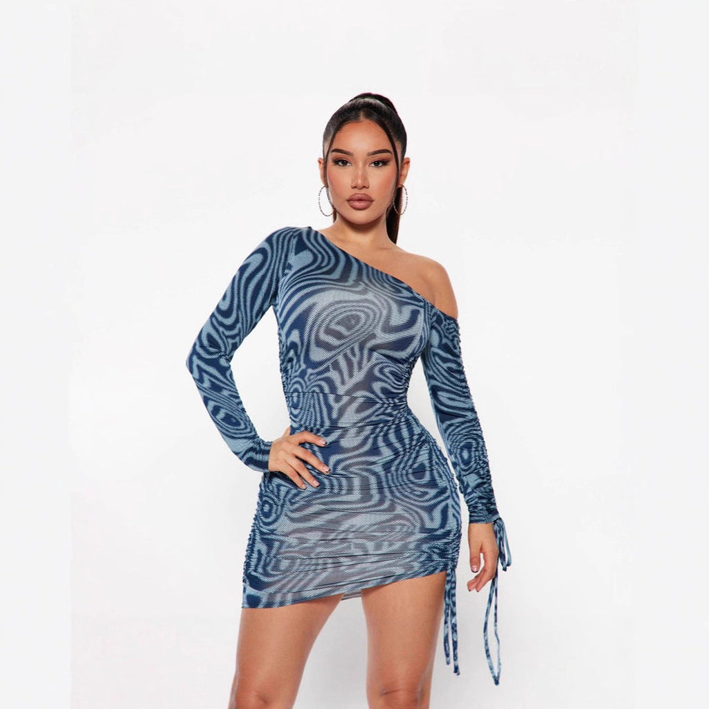 Arrival Women Clothing Floral Print Drawstring Ruffle Lace up Drawstring Long Sleeve Slant Shoulder Tight Dress