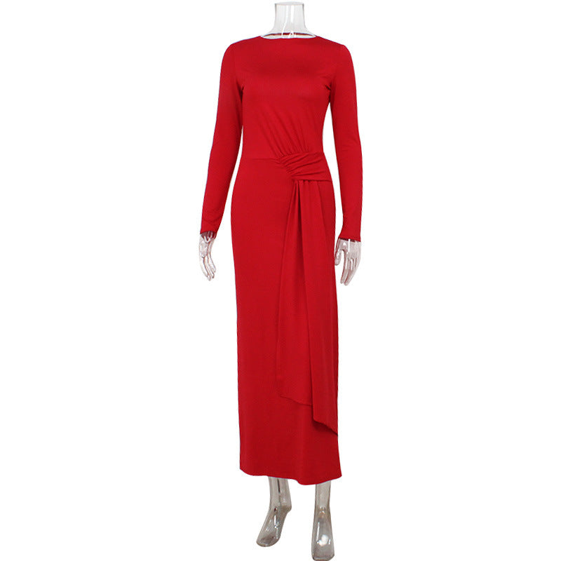 Round Neck Long Sleeve Bare Back Waist Controlled Lace up Elegant Slim Red Carpet Dress