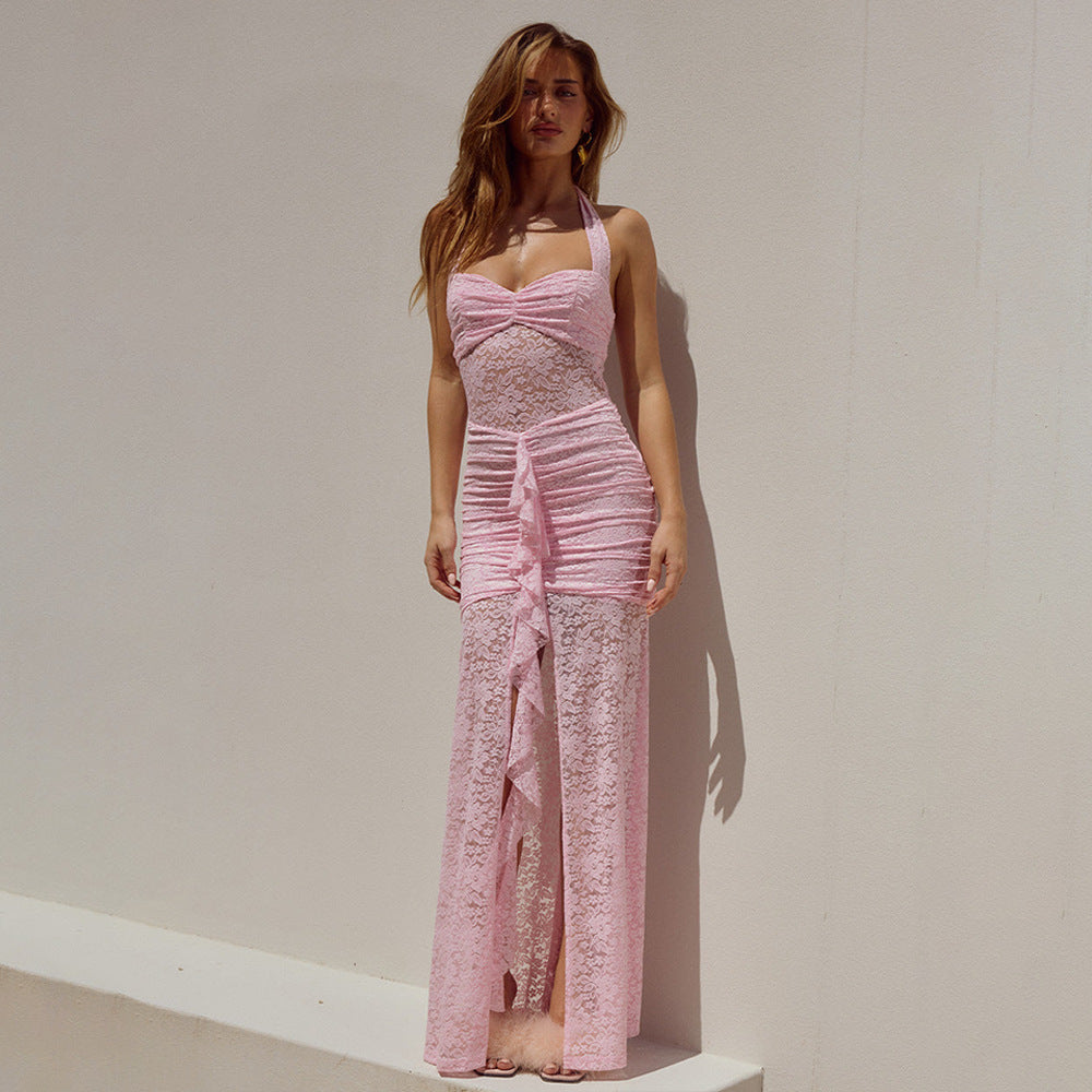 Summer Elegant Halter Lace Maxi Dress Sexy Sleeveless Backless Slim Fit Dress Women