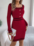 Autumn Winter Elegant Square Collar Button Long Sleeve Sweater Hip Dress Women Clothing