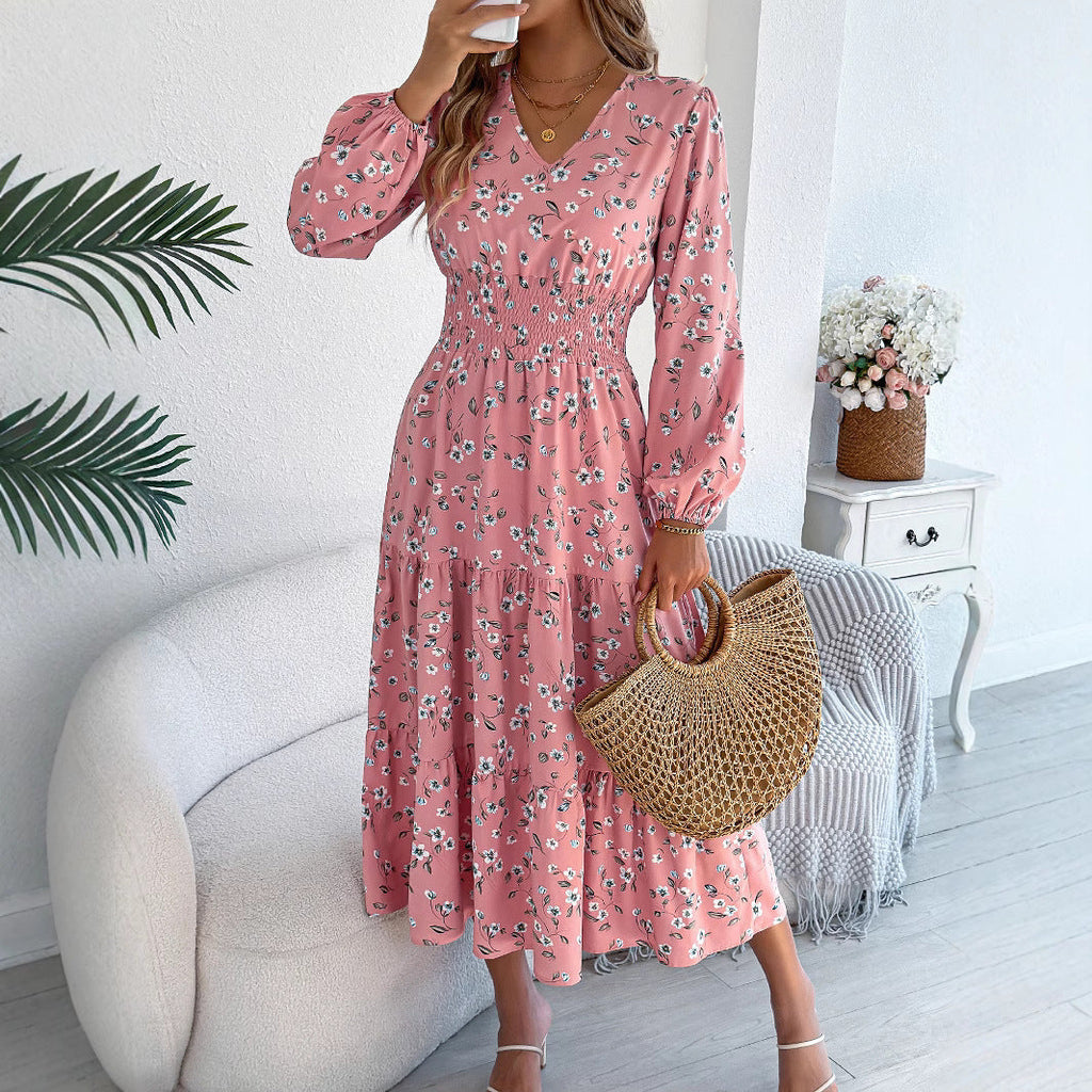 Autumn Winter Elegant Floral V neck Long Sleeve Waist Trimming Ruffles A line Women Clothing
