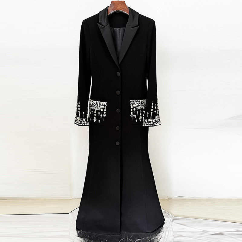 Heavy Industry Beads Diamond Tailored Collar Dress Dress Fishtail Dress