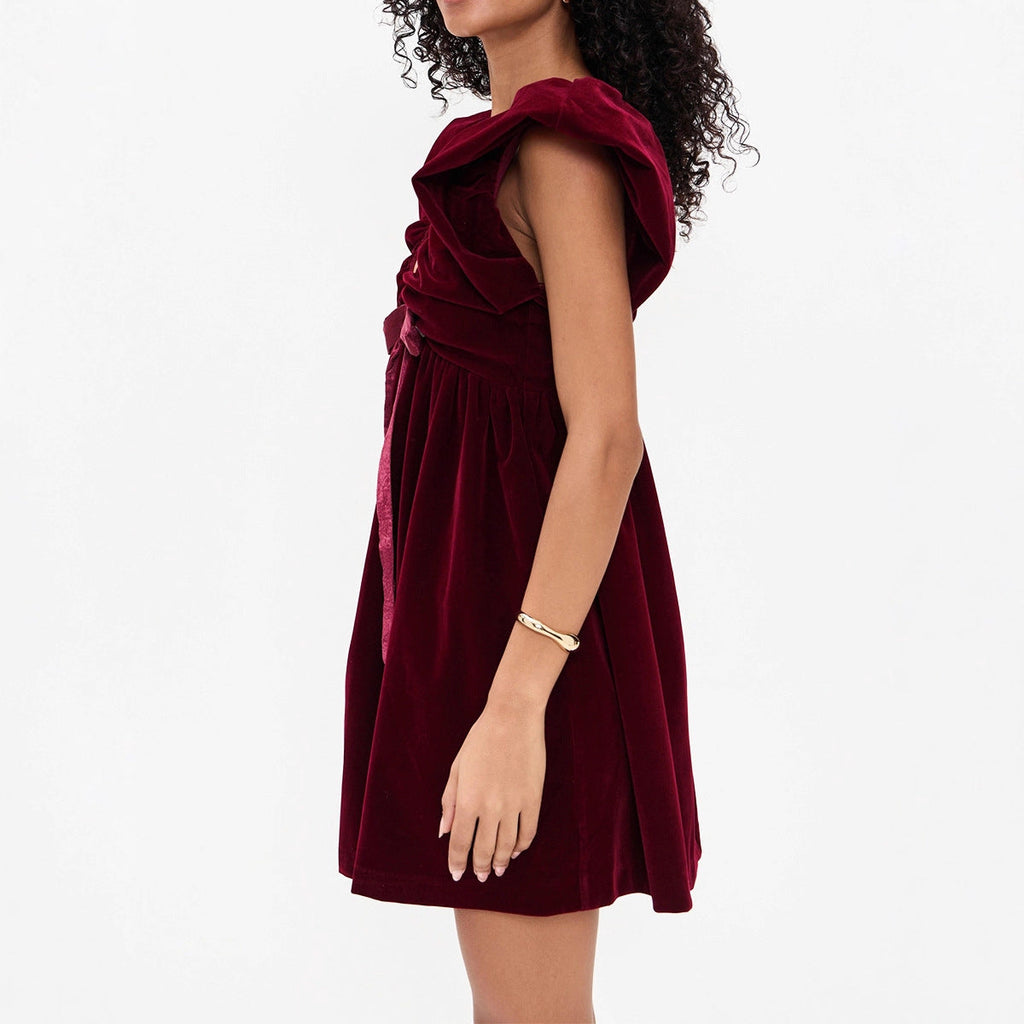 Autumn Winter V neck Bow Pleuche Party Women Dress