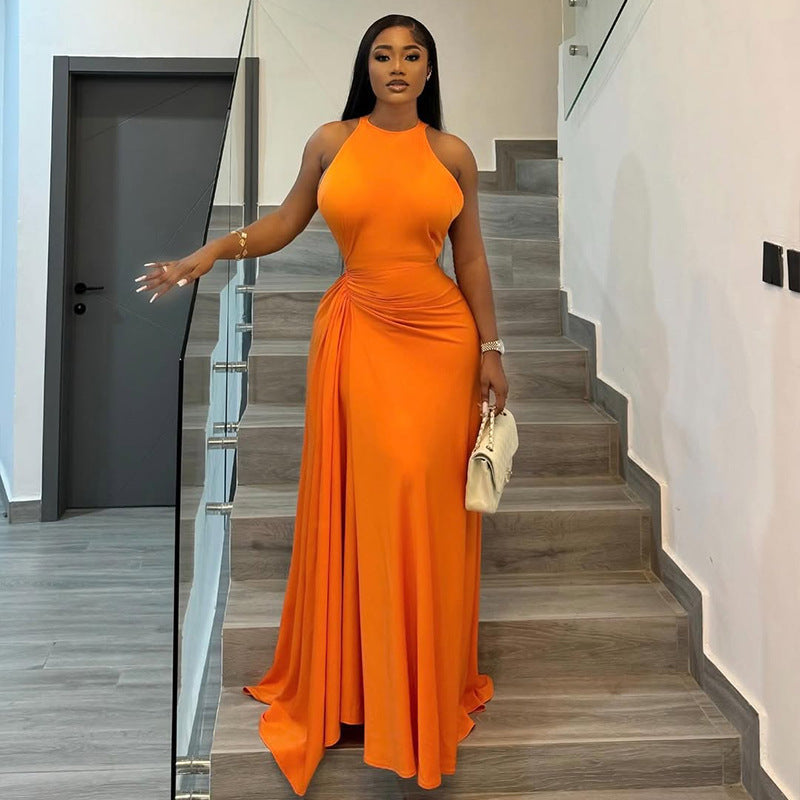 Women Clothing Fitted Waist Pleated Design Hip Dress Round Neck Sleeveless Dress