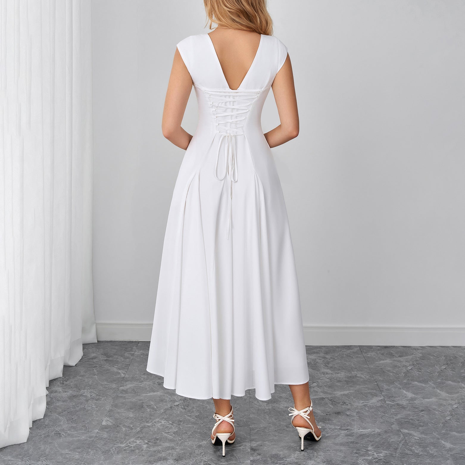 Elegant Stretch Strap Dress Sexy Backless Waist Trimming Lace up Long Dress