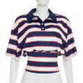 Women Clothing Retro Slimming Color Blocking Spicy Girl Striped All Matching Collared Polo Shirt Top