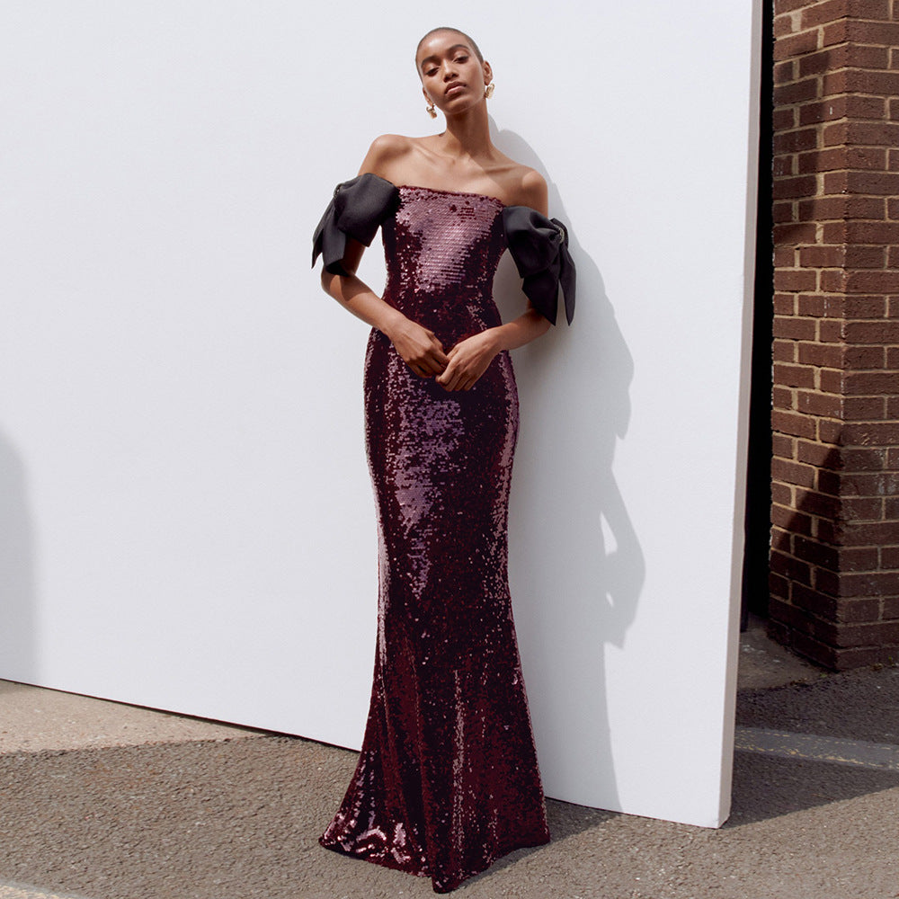 Coffee Color Colorful Sequin Long Evening Dress off Shoulder Black Bow Cocktail Fishtail Dress
