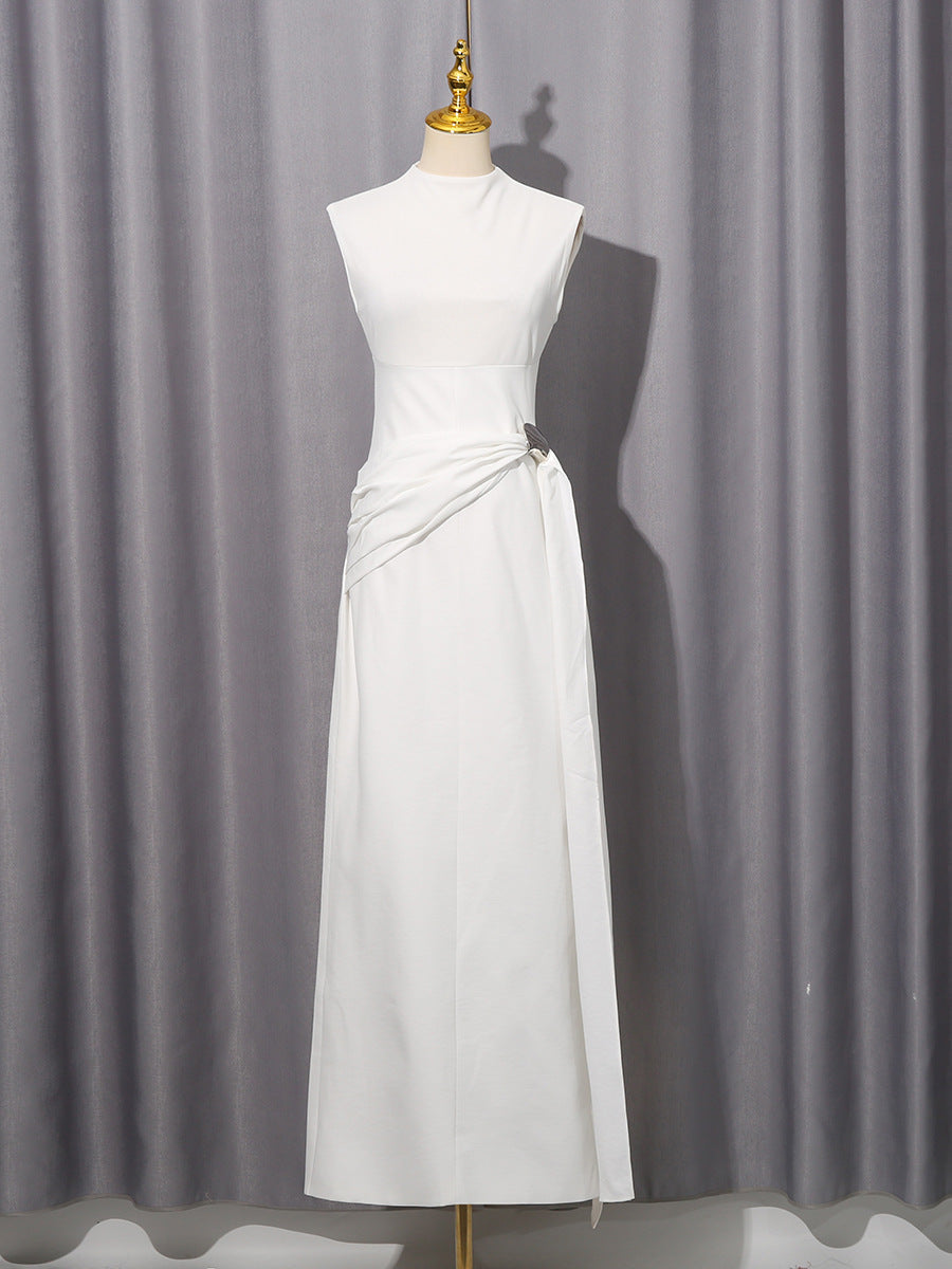 Autumn Arrival An Elegant Solid Color Sleeveless Dress With A Fitted Waist A Twisted Knot Detail At The Waist