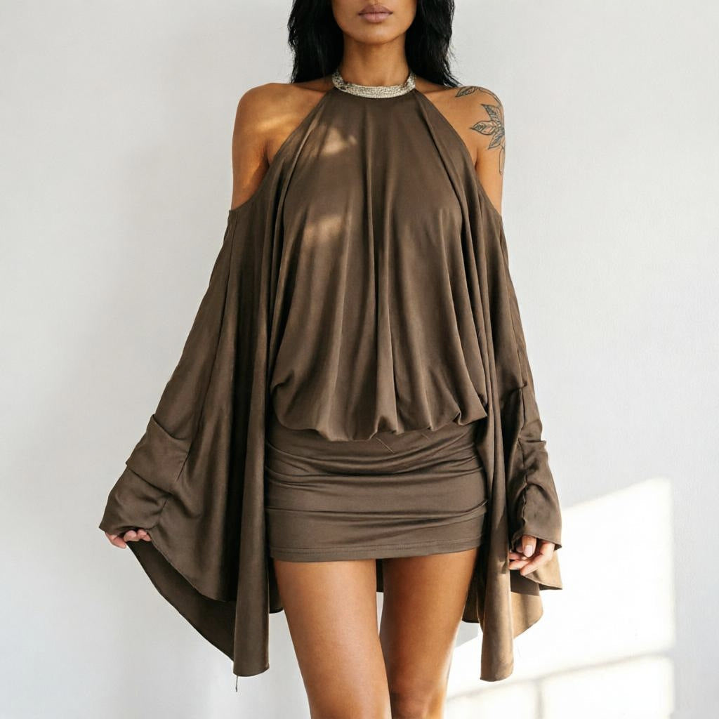 Sexy off Shoulder Backless Irregular Asymmetric Design Short Loose Batwing Sleeve Dress for Women